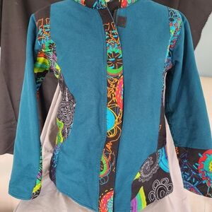 Teal Women's Utility Jacket with Colorful Patchwork Trim